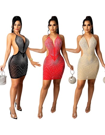 Rhinestone Shiny Skirt Dinner Gown Backless Sexy Mesh Night Dress X5251