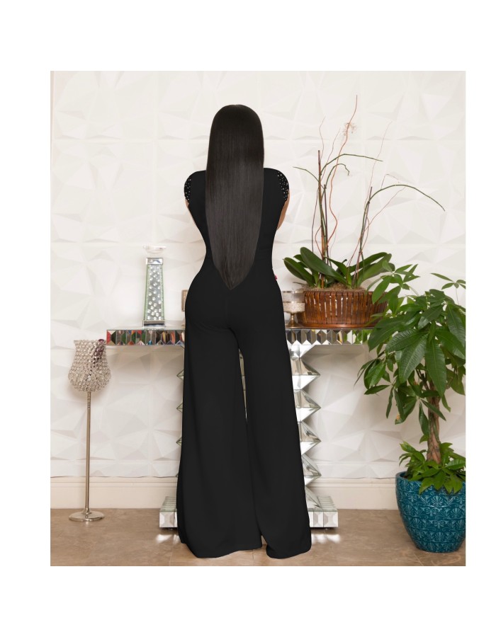 Deep V Neck Casual Solid Wide Leg Jumpsuit m8429