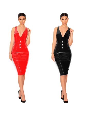 S-6XL Sexy Deep V Knee-Length Women Leather Dress M7311