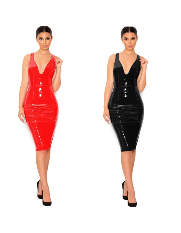 S-6XL Sexy Deep V Knee-Length Women Leather Dress M7311