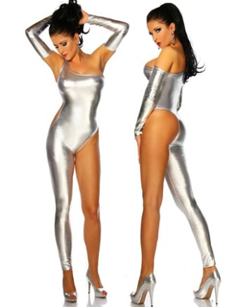 One shoulder gold vinyl teddy M2076