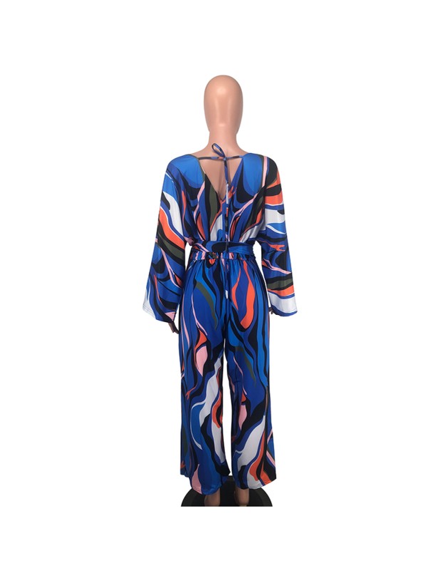 Fashion Sexy V-neck Long Sleeved Printed Wide Leg Jumpsuit For Women YM8631