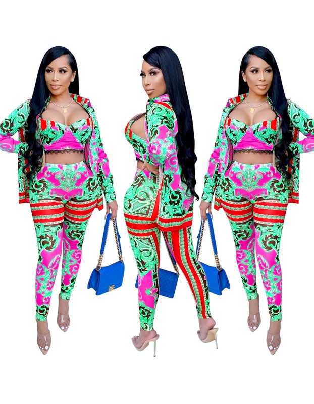 Milk Silk Women Sets Digital Printed Coat Vest Trousers Casual Suit X3690