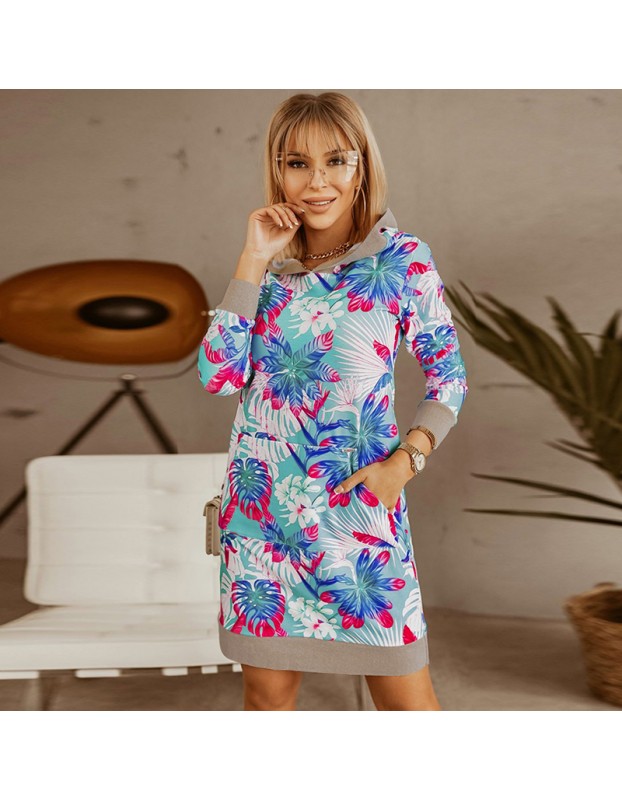 Sweatshirt Hooded Contrast Color Print Loose Long Sleeve Casual Dresses LQ153