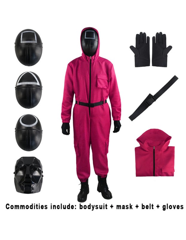 Adult Squid Game Villain Red Jumpsuit Halloween Cosplay Costume Round Six Square Masks Outfits