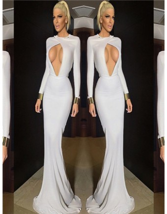 White long sleeve formal evening party maxi dress M30041