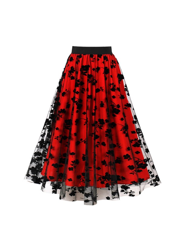 Mesh Double Flocking Floral Skirt With Waist Floral Print Women Full Skirt 5047