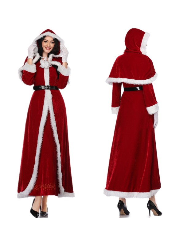 Women Fur Trim Christmas Santa Claus Cloak Xmas Costumes M1194