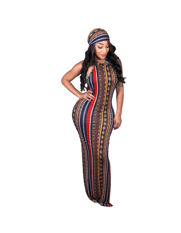 High Stretch Sexy Striped Bodycon Dress With Head Scarf M8288