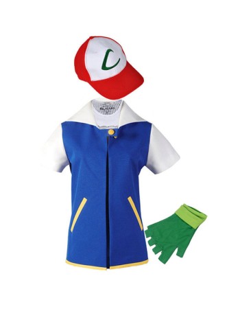 Pokemon Ash Ketchum Cosplay Costume Blue Jacket + Gloves + Hat M40513