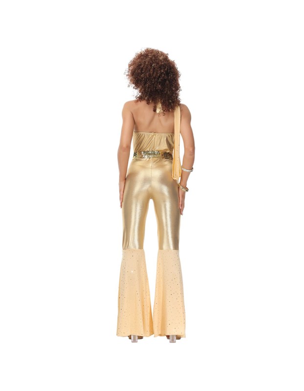 Women Gold Retro Hippie Costume Disco Dance Club Cosplay Costume MS5038
