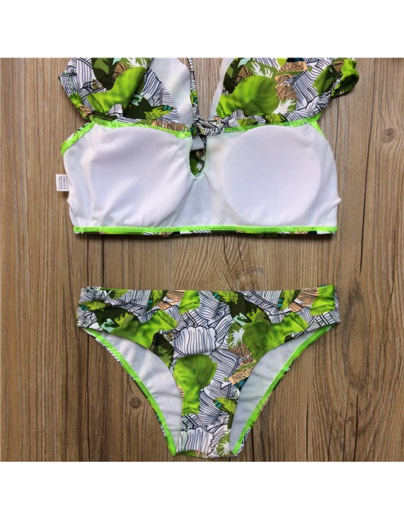Green Leaf Printed Sexy Off Shoulder Two-pieces Swimsuit M11846