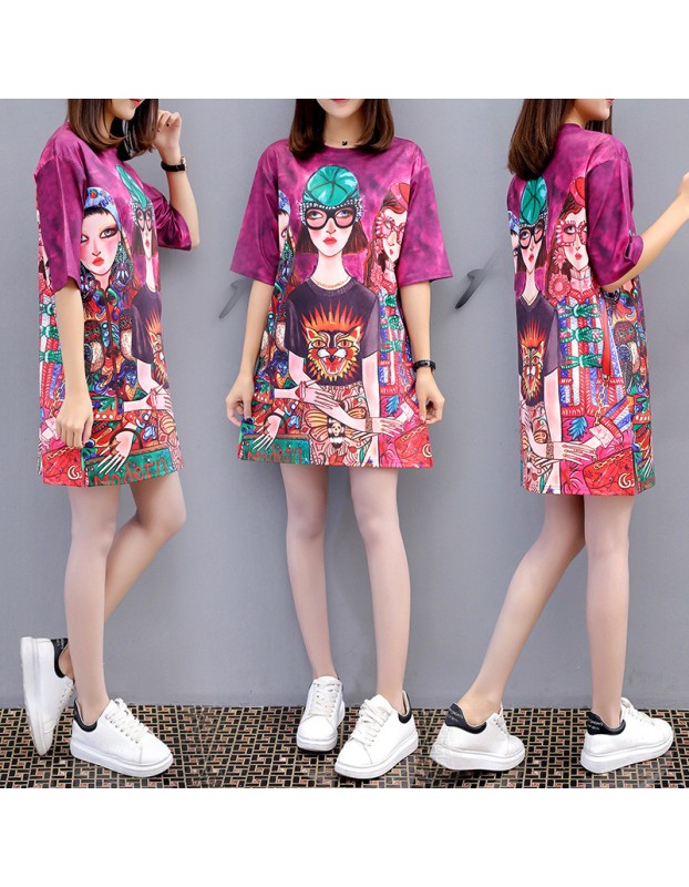 Casual Loose Cartoon Printed T Shirt Dress M8369