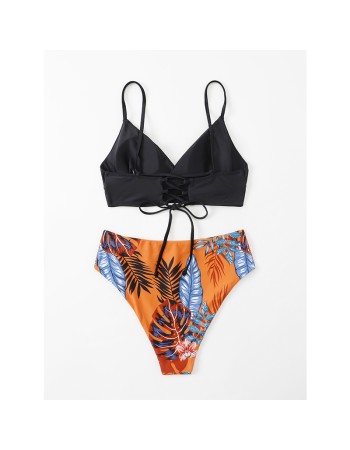 Solid Color Patchwork Split Print Summer Lingerie Sexy Belt Bikini Swimwear A2202