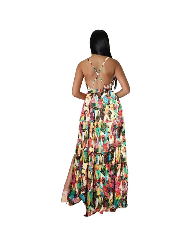 European And American Fashion Women's Print Halter Long Dress 9400