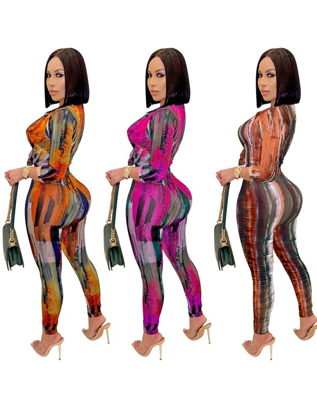 Digital Print Women  V-neck Long Sleeve Pants Casual Two Piece Set X5281