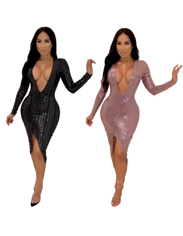Deep V Neck Sexy Sequin Dress m8315