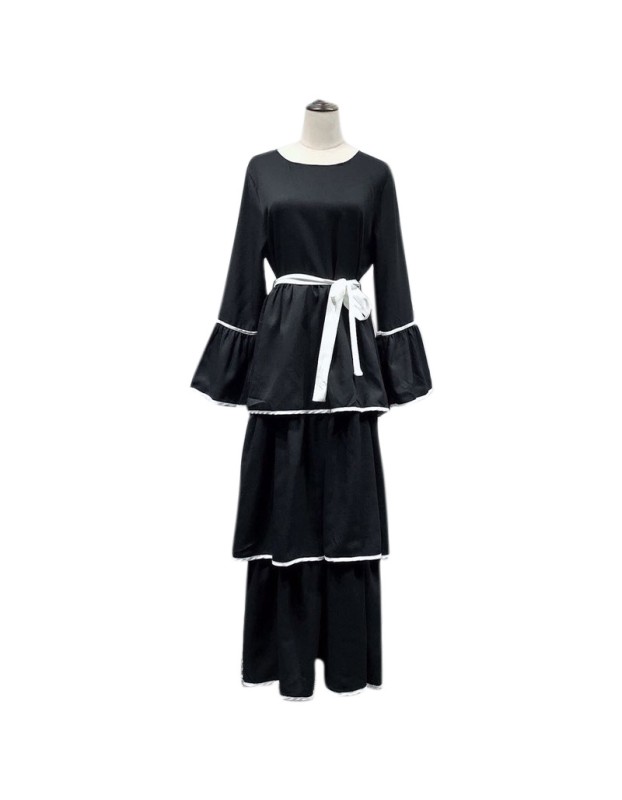 Plus Size Waist Strap Cake Flared Long Sleeve Black And White Casual Dress 1912