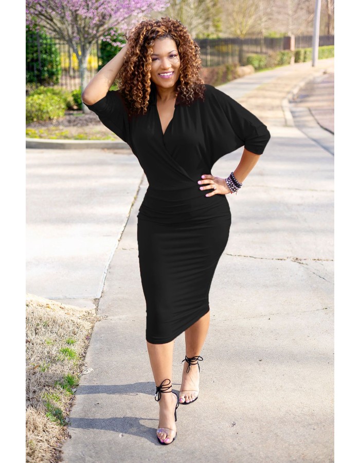 Elegant V Neck Batwing Sleeve Knee Length Bodycon Dress m8385