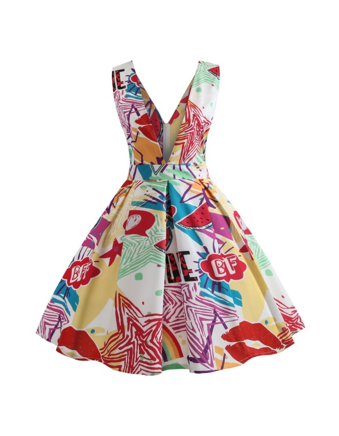V Neck Print Backless Sexy Short Dress M30341