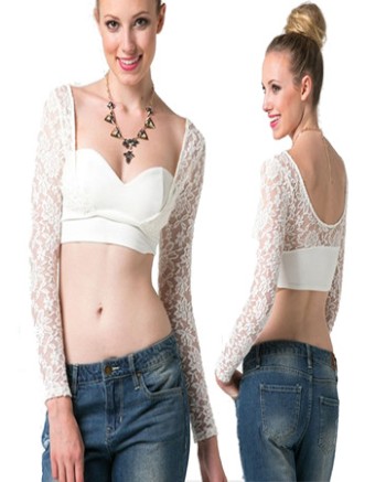 White low-cut long sleeve lace clubwear tops M30044a
