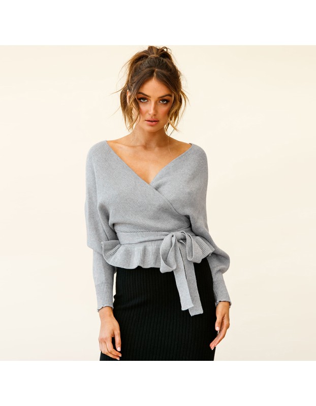 Long Sleeve Knitted Sexy Pull Over V-Neck Short Top Sweater LQ152