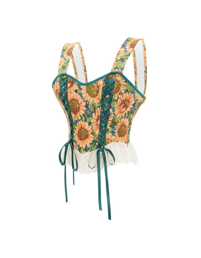 Sexy Lace Trim Sunflower Embroidery Straps Corset Cami Cropped Top M22061