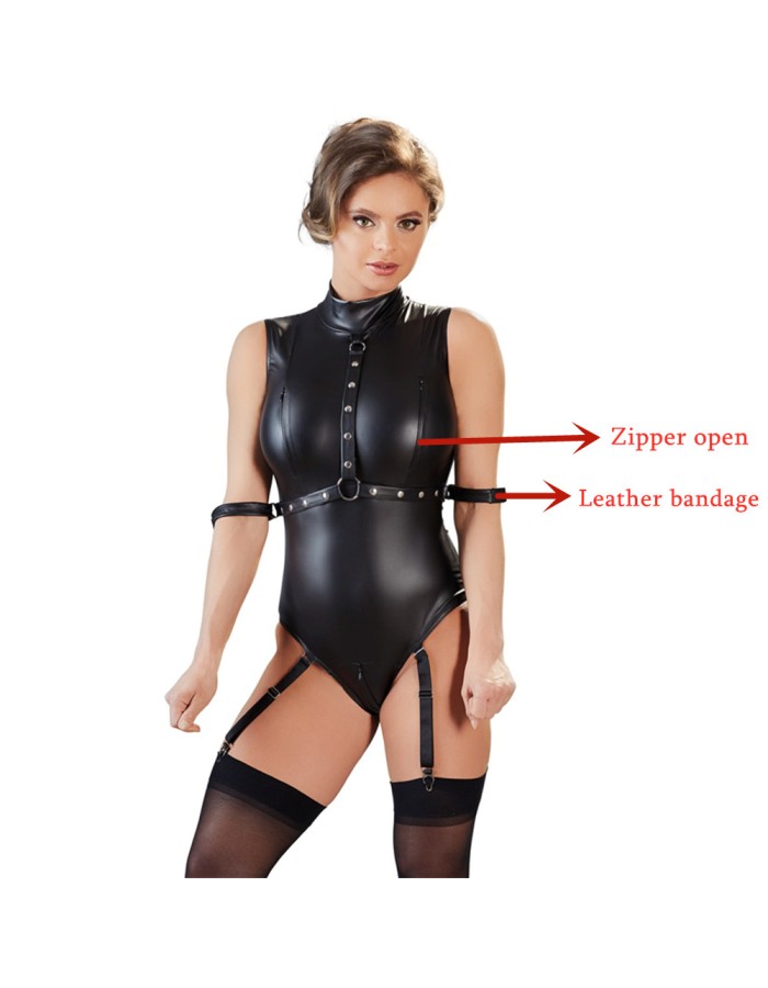 Sexy Fetish Bondage Bodysuit Cupless Faux Leather Nightculb Catsuit