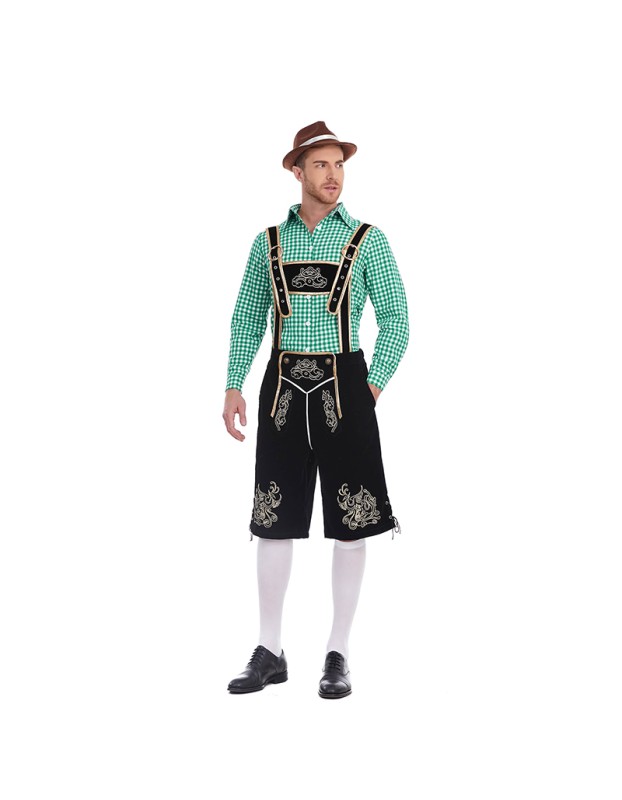 German Traditional Oktoberfest Plaid Shirt Men Beer Suspender Suit Costume YM3645