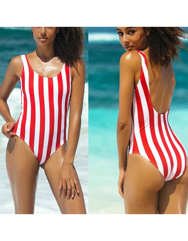 Red White Stripe Women One Piece Swimsuit With Cup ZL1806
