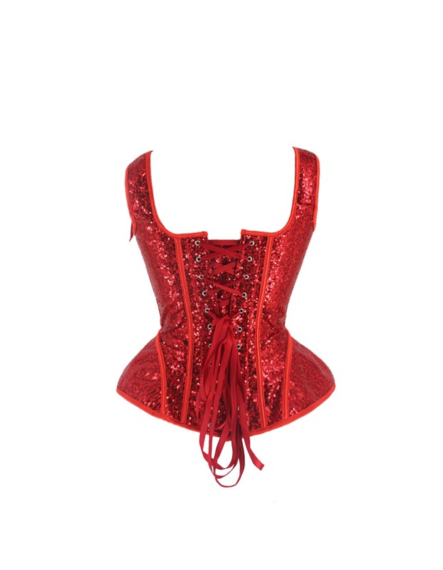 Women Red Sexy Sequin Overbust Corset Tops with Shoulder Straps WK2382