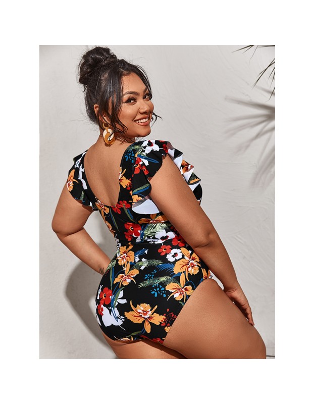 Print Bikini One Piece Swimsuit Plus Size Women Short Sleeve Swimsuit 387