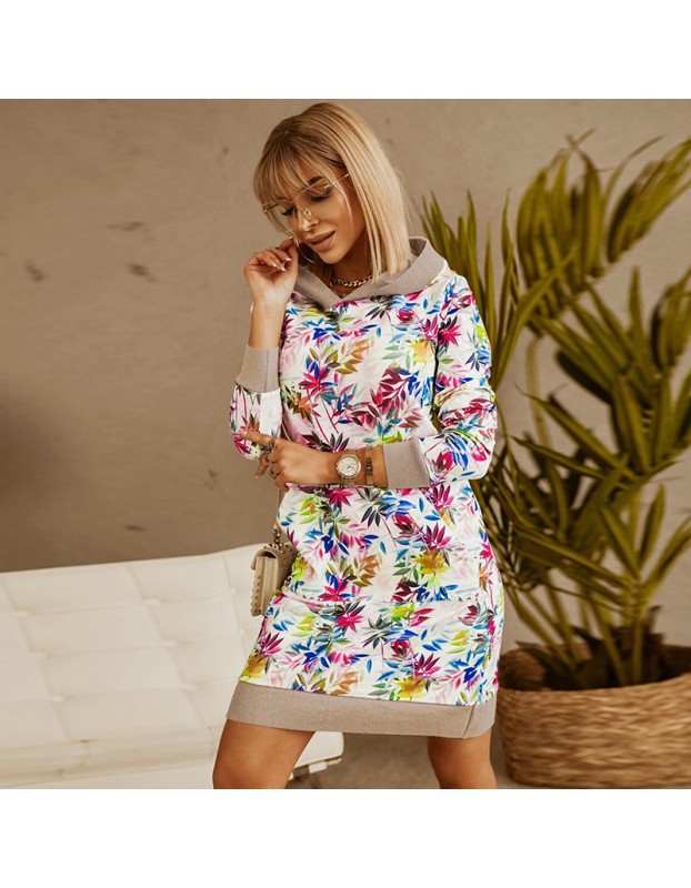 Sweatshirt Hooded Contrast Color Print Loose Long Sleeve Casual Dresses LQ153