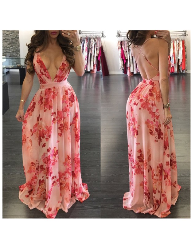 Fashion Ladies Summer Print Floral Boho V Neck Beach Casual Maxi Dresses Long M8212