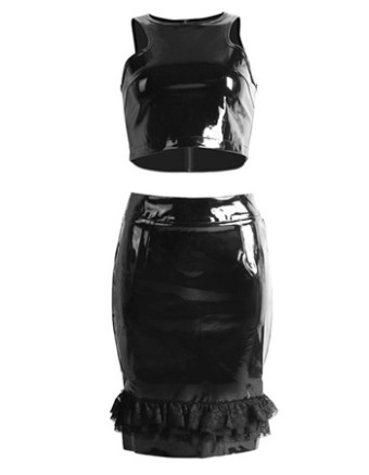 Women Sexy Black Leather Two Pcs Dress M7272