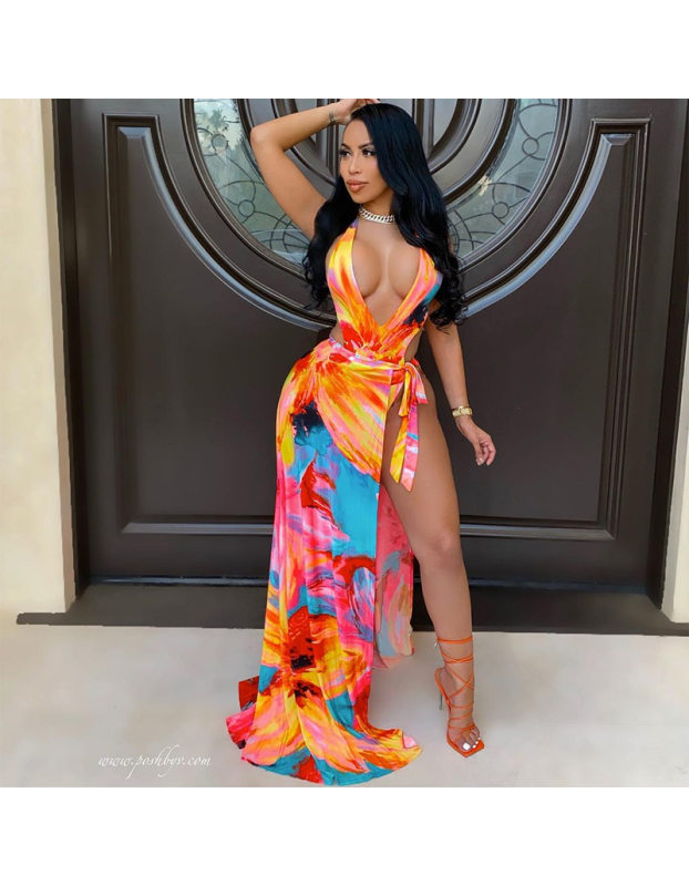 women beach dresses sexy printing maxi dress M8595