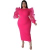 Sexy Women Solid Color Yarn Sleeve Plus Size Dress 9416