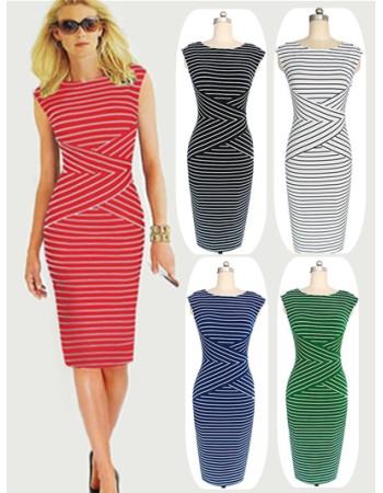 Adult Women Midi Stripe Pattern OL Tight Dress M30207