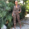 Full Sleeve Zipper V Neck Lady Sexy Leopard Jumpsuit M8474
