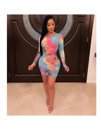 Women O Neck Long Sleeve Bandage Bodycon Mesh Dress M8359
