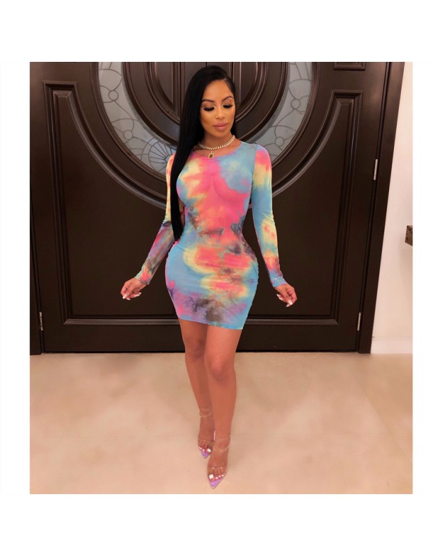 Women O Neck Long Sleeve Bandage Bodycon Mesh Dress M8359