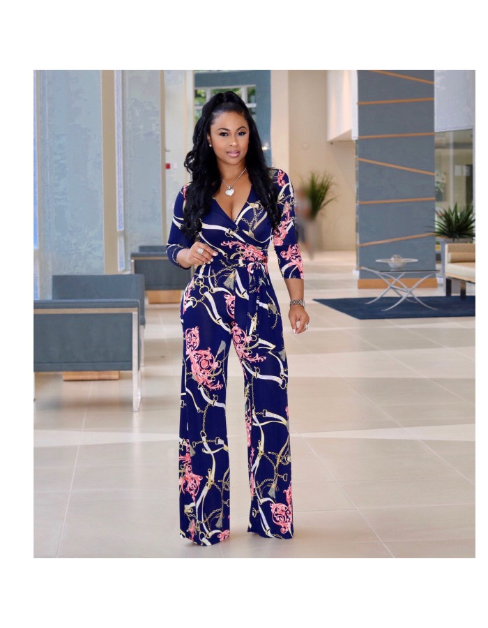 Women fashion three-quarter sleeve sexy v neck print jumpsuit M8228