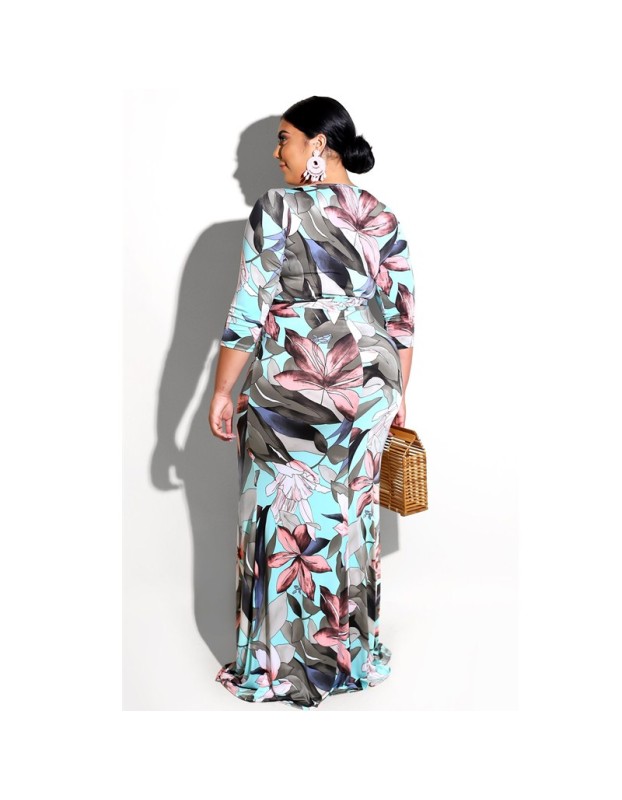 5XL 6XL Lady Elegant Sexy V Neck Floral Print Bandage Long Maxi Dress M9026