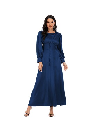 Woman Soft Long Sleeve Shapewear Elegant Satin Maxi Muslim Dress 21412