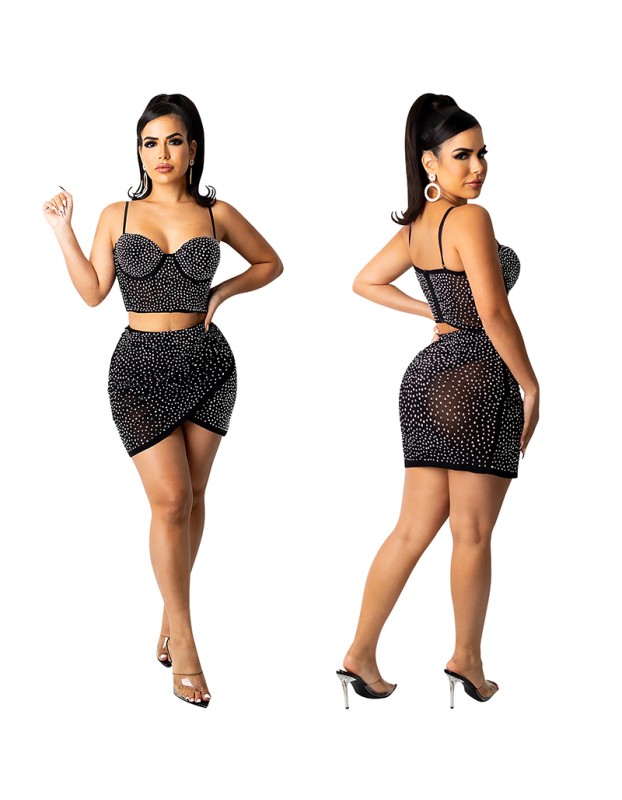Sexy Gauze Perspective Ironed Drill Halter Belt Waistcoat Skirt Two Set X5260