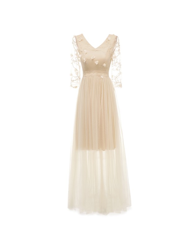 Net Yarn Flowers Wedding Bridal Long V-Neck Club Sexy Thin Dress CD1672
