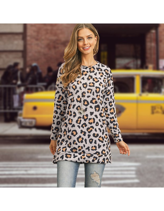 Round Neck T-Shirt Slim Long Casual Leopard Print Bottoming LQ082