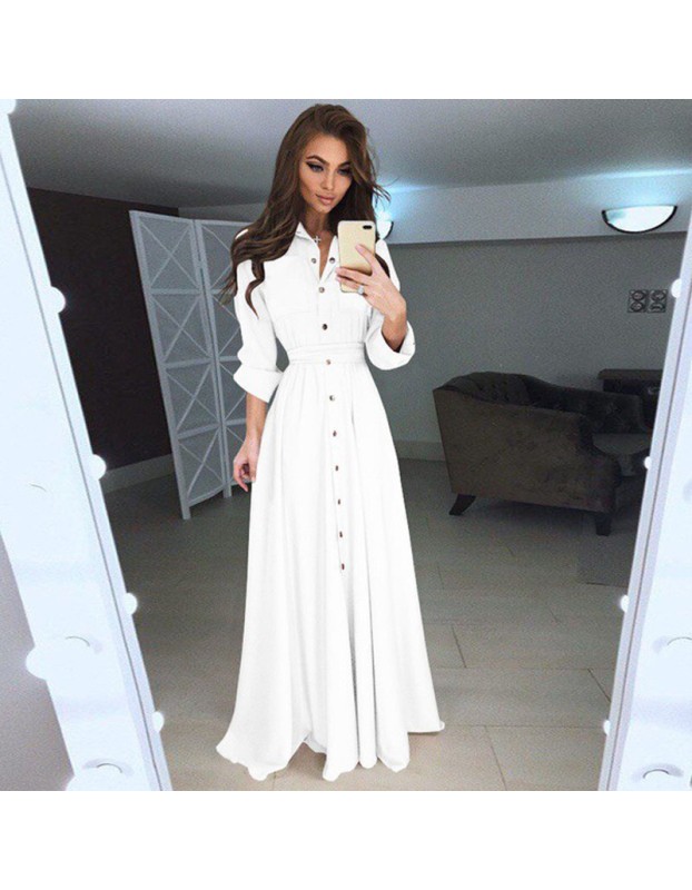 Summer Autumn Turn-Down Collar Button Long Sleeve Shirt Dress M8430