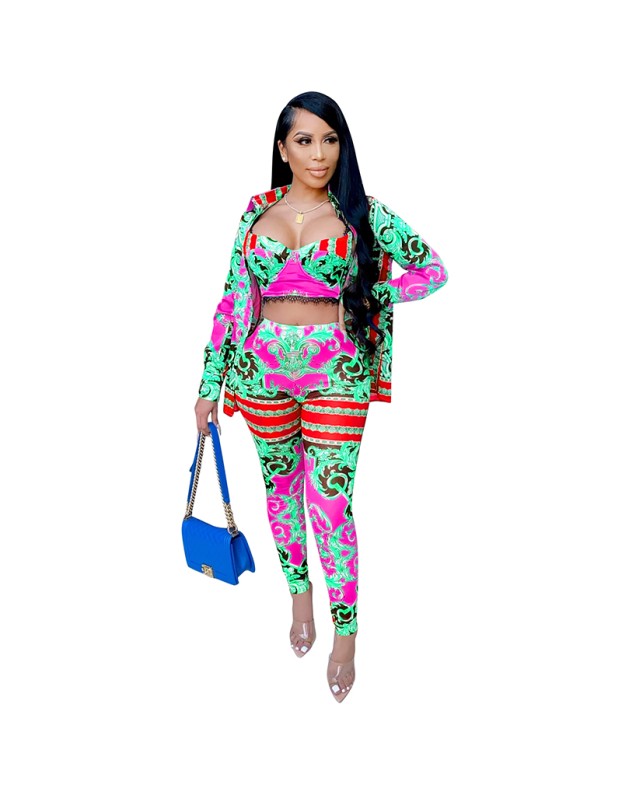 Milk Silk Women Sets Digital Printed Coat Vest Trousers Casual Suit X3690