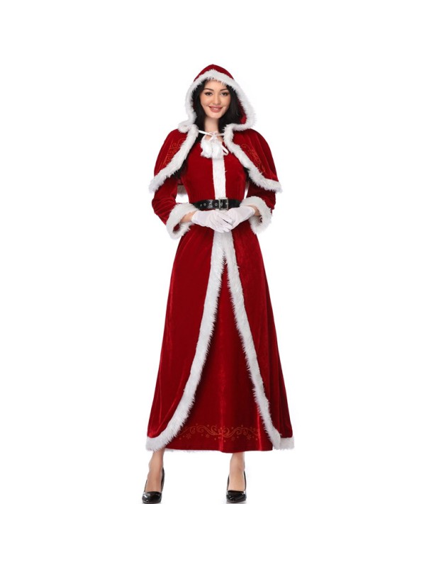 Women Fur Trim Christmas Santa Claus Cloak Xmas Costumes M1194